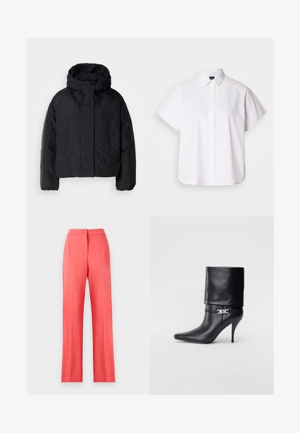 Melna pūka jaka ar augstu apkakli un kapuci, aprīkota ar divām priekšējām kabatām un elastīgam aprocēm. Gluda, viegla auduma struktūra ar matētu apdari.; Balta īsajām piedurknēm krekls ar pogām un norādītu apkakli, kā arī viļņotu apakšmalu. Izgatavots no kokvilnas ar gludu tekstūru un bez redzamām rakstām.; Korallkrāsas plašās bikses, izgatavotas no gludas auduma, ar priekšējo pogu aizdari un divām sānu kabatām, pielāgotas komfortablai valkāšanai.; Melnas ādas potīšu zābaki ar smailu purngalu, augstu stiletto papēdi, salocītu aproci un zeltītu dekoratīvu sprādzi uz potītes.