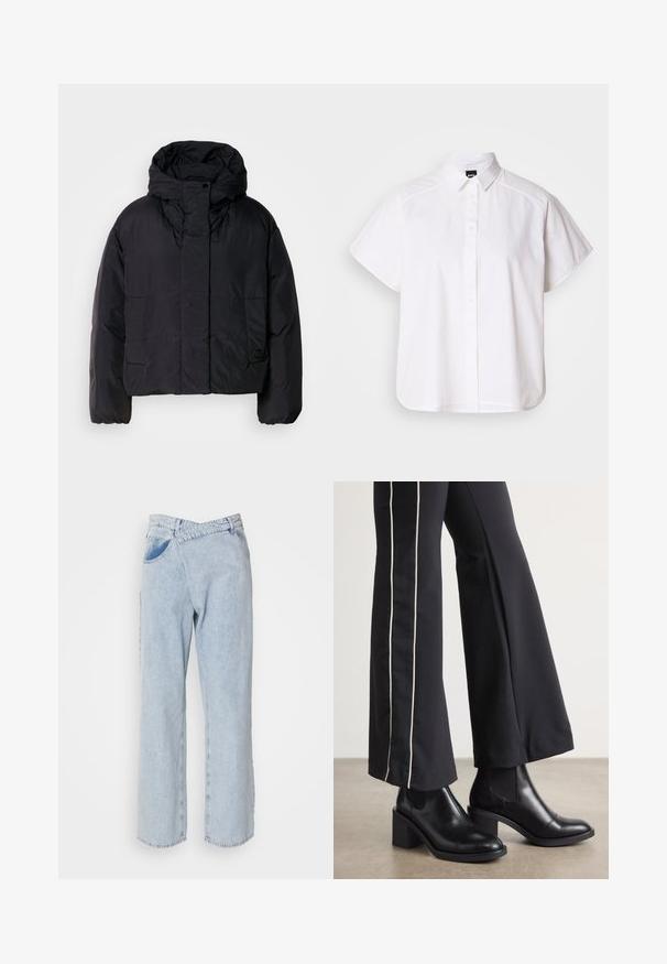 Crna puf jakna s visokim ovratnikom i kapuljačom, koja ima dva prednja džepa i elastične manžete. Glatki, lagani materijal s mat finishem.; Bijela kratka košulja s gumbima i uskim ovratnikom, s zakrivljenim rubom. Napravljena od pamuka s glatkom teksturom i bez vidljivih uzoraka.; Svijetloplave traperice s opuštenim krojem, širokim nogavicama, vidljivim šavovima i petljama za remen. Sadrže dva bočna džepa.; Crne kožne gležnjače s blok petom, s elastičnim bočnim panelima. Uparene s crnim hlačama koje imaju bijelu bočnu prugu.