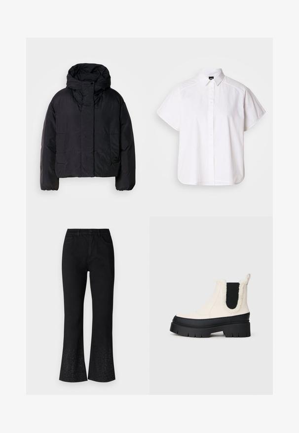 Schwarze Puffjacke mit hohem Kragen und Kapuze, ausgestattet mit zwei Fronttaschen und elastischen Bündchen. Glattes, leichtes Material mit matter Oberfläche.; Weißes kurzärmliges Hemd mit Knopfleiste, spitzem Kragen und abgerundetem Saum. Hergestellt aus Baumwolle mit glatter Textur und ohne sichtbare Muster.; Schwarze, ausgestellt geschnittene Jeans aus Denim mit einer figurbetonten Taille. Enthält ein dekoratives Blumenmuster am Saum, eine leichte Textur und ein Fünf-Taschen-Design.; Klüpfende Plattform-Stiefeletten mit einem weißen Obermaterial, schwarzer Gummisohle und kontrastierenden schwarzen elastischen Seitenpaneelen. Kunstpelzbesatz am oberen Rand.