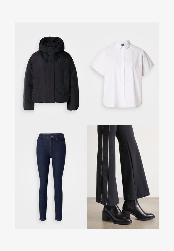 Crna puf jakna s visokim ovratnikom i kapuljačom, koja ima dva prednja džepa i elastične manžete. Glatki, lagani materijal s mat finishem.; Bijela kratka košulja s gumbima i uskim ovratnikom, s zakrivljenim rubom. Napravljena od pamuka s glatkom teksturom i bez vidljivih uzoraka.; Tamno plave traperice uskog kroja s klasičnim pojasom, dizajnom s pet džepova i suptilnim detaljima šivanja.; Crne kožne gležnjače s blok petom, s elastičnim bočnim panelima. Uparene s crnim hlačama koje imaju bijelu bočnu prugu.