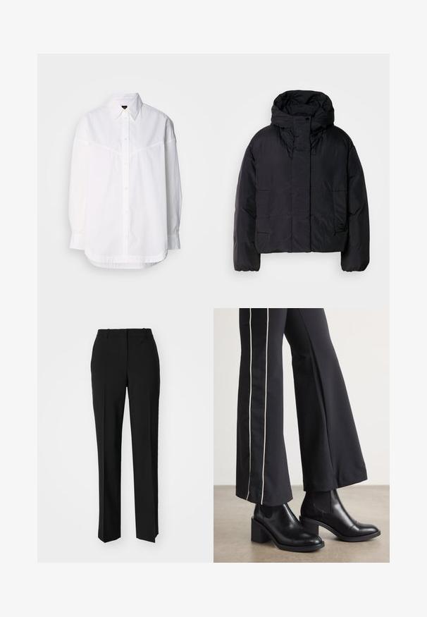 Crna puf jakna s visokim ovratnikom i kapuljačom, koja ima dva prednja džepa i elastične manžete. Glatki, lagani materijal s mat finishem.; Bijela košulja dugih rukava izrađena od pamuka, s okovratnikom na gumbe, prednjim gumbima i opuštenim krojem uz suptilne šavove.; Crne krojene hlače ravnog kroja, s glatkom teksturom i oštrim pregibima naprijed. Bez vidljivih metalnih dijelova.; Crne kožne gležnjače s blok petom, s elastičnim bočnim panelima. Uparene s crnim hlačama koje imaju bijelu bočnu prugu.