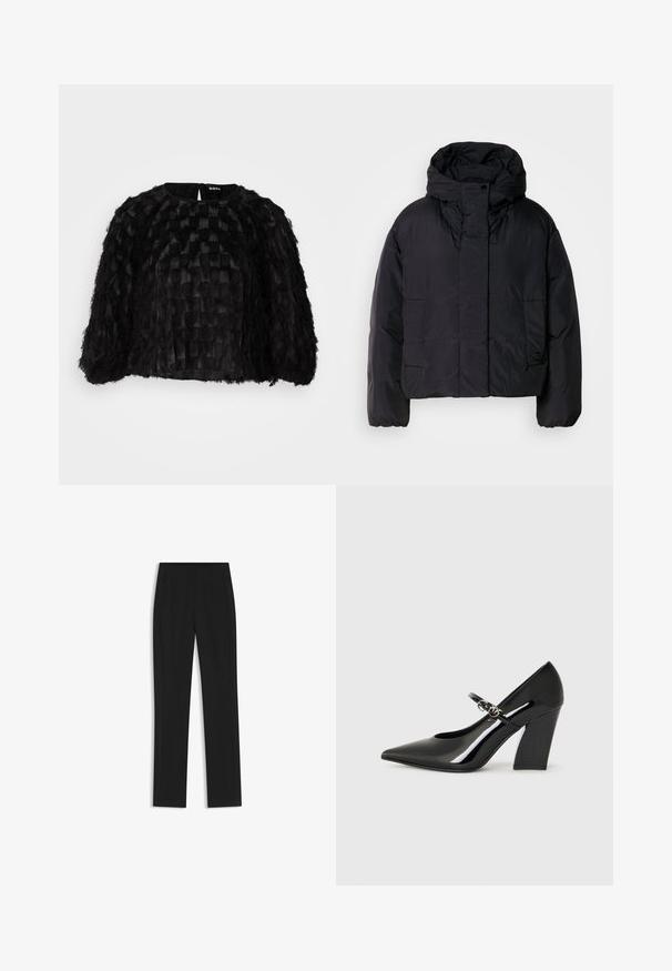 Black puffer jacket with a high collar and hood, featuring two front pockets and elastic cuffs. Smooth, lightweight material with a matte finish.; Black cropped cape with a textured surface featuring woven and fringed patterns. Rounded neckline and zipper closure at the back.; Black tailored trousers with a straight-leg design, featuring front pockets and a smooth, textured fabric. Neat, minimal detailing.; Black patent leather high heel shoe with a pointed toe, a chunky heel, and a strap with metal hardware detail.