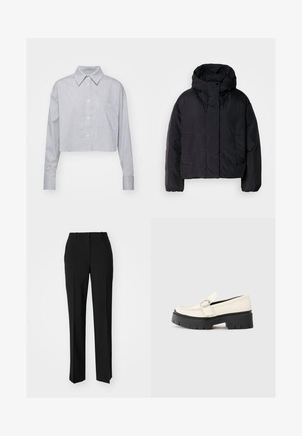 Črna pufasta jakna z visokim ovratnikom in kapuco, ki ima dva sprednja žepa in elastične manšete. Gladek, lahek material z mat površino.; Krčen gumbasti srajca v modro-belih črtah, z klasičnim ovratnikom, dolgimi rokavi in enim žepom na prsih. Gladka tekstura tkanine.; Črne krojene hlače s direktnim krojem, ki se ponašajo z gladko teksturo in ostrimi pregibi spredaj. Ni vidne kovine.; Bela usnjena loafer čevlja z debelim črnim podplatom, ki ima pravokotno srebrno zaponko in vidne šive na zgornjem delu.