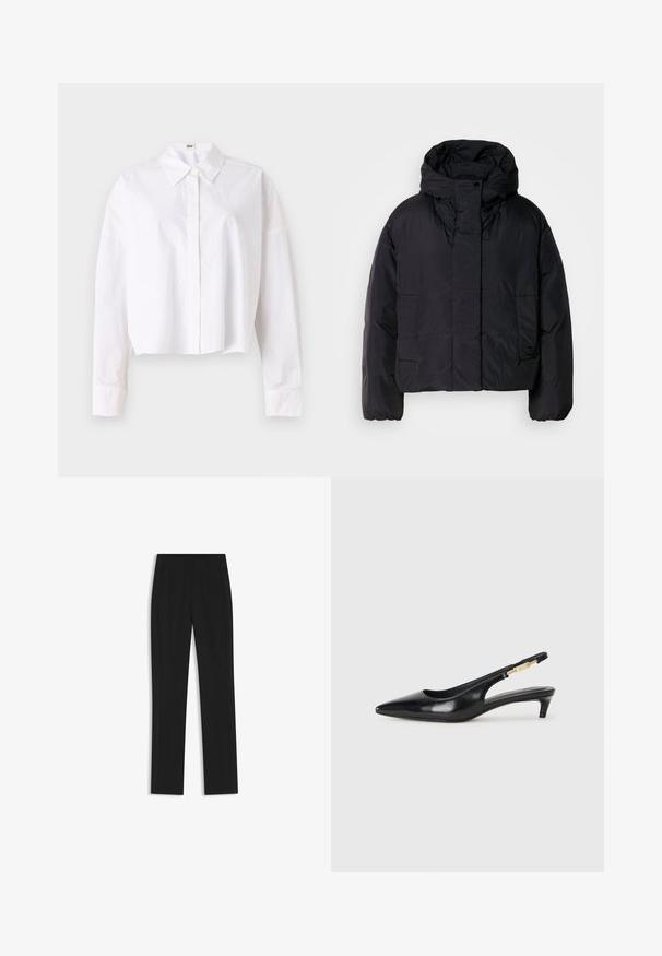 Giacca a vento nera con colletto alto e cappuccio, dotata di due tasche frontali e polsini elasticizzati. Materiale liscio e leggero con finitura opaca.; Camicetta bianca corta in cotone con colletto classico, chiusura a bottoni frontale e maniche lunghe con polsini. Texture liscia, design semplice.; Pantaloni neri su misura con un design a gamba dritta, dotati di tasche frontali e un tessuto liscio e strutturato. Dettagli ordinati e minimalisti.; Tacchi slingback in pelle nera con punta affusolata, caratterizzati da un tacco alto e un accento dorato sulla cinghia regolabile. Texture liscia.
