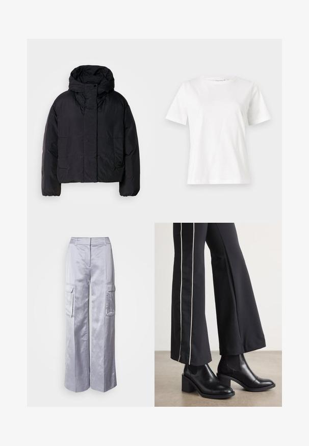Črna pufasta jakna z visokim ovratnikom in kapuco, ki ima dva sprednja žepa in elastične manšete. Gladek, lahek material z mat površino.; Bela bombažna majica s kratkimi rokavi, okroglo izrezana in ohlapnega kroja. Gladka tekstura, brez vzorcev ali dodatkov, minimalističen dizajn.; Svetlo sivi široki cargo hlače iz gladkega blaga, z stranskimi žepi, krojenim pasom in brez vidnih zapiral oziroma zadrg.; Črne usnjene gležnjarje s blok peto, z elastičnimi stranskimi paneli. Kombinirane s črnimi hlačami, ki imajo bele stranske črte.