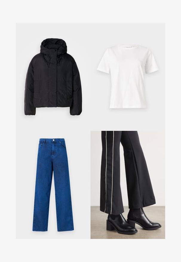 Sort pufferjakke med høj krave og hætte, der har to forlommer og elastiske manchetter. Glat, let materiale med mat finish.; Hvid bomulds t-shirt med korte ærmer, rund halsudskæring og en afslappet pasform. Glat tekstur, ingen mønstre eller accenter, minimalistisk design.; Blå denim bredbenede bukser med høj talje, der har stikninger, forlommer og metalknaplukning.; Sorte læder ankelstøvler med blokhæle, udstyret med elastiske sidepaneler. Kombineret med sorte bukser, der har en hvid side stripe.