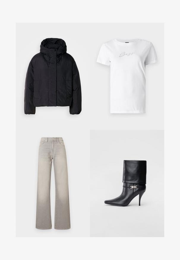 Schwarze Puffjacke mit hohem Kragen und Kapuze, ausgestattet mit zwei Fronttaschen und elastischen Bündchen. Glattes, leichtes Material mit matter Oberfläche.; Weißes Baumwoll-T-Shirt mit Rundhalsausschnitt und kurzen Ärmeln, verziert mit silbernen Strasssteinen, die das Wort "Boys" auf der Vorderseite bilden.; Graue weit geschnittene Jeans mit einem verblassten Finish, Knopfverschluss, fünf Taschen und gestickten Details entlang der Nähte.; Schwarze Leder-Ankle-Boots mit spitzer Zehenpartie, hohen Stiletto-Absätzen, umgeschlagenem Schaft und einem goldenen dekorativen Schnallen-Detail an der Knöchel.