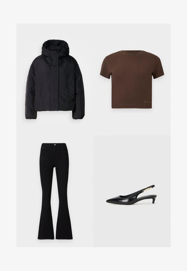 Black puffer jacket with a high collar and hood, featuring two front pockets and elastic cuffs. Smooth, lightweight material with a matte finish.; Brown cropped t-shirt made of soft cotton, featuring short sleeves and a round neckline. Includes subtle "Guess" logo in gold at the bottom.; Black flared jeans made of denim fabric, featuring a high waist, front pockets, and a metal button closure. Smooth texture and fitted design.; Black leather slingback heels with a pointed toe, featuring a slim heel and a gold-tone accent on the adjustable strap. Smooth texture.