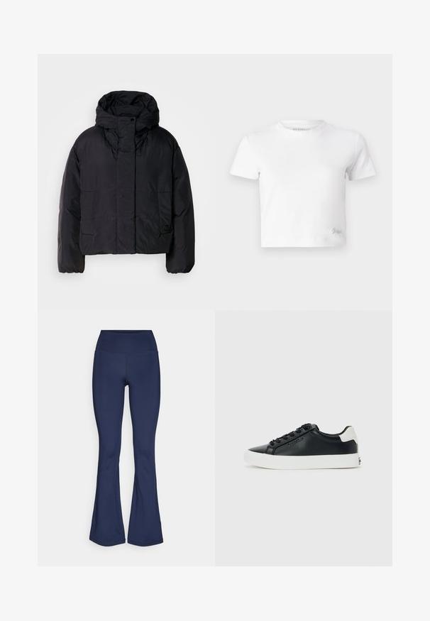 Schwarze Puffjacke mit hohem Kragen und Kapuze, ausgestattet mit zwei Fronttaschen und elastischen Bündchen. Glattes, leichtes Material mit matter Oberfläche.; Weißes, kurzes T-Shirt aus glattem Baumwoll-Stoff mit hohem Ausschnitt und kurzen Ärmeln. Kleines besticktes Logo in der unteren Ecke.; Marineblaue, ausgestellte Leggings aus dehnbarem Stoff mit hohem Bund, glatter Textur und ohne sichtbare Muster oder Hardware-Details.; Schwarze Low-Top-Sneaker mit weißer Sohle und Fersenlasche, schwarzen Schnürsenkeln und dezentem Calvin Klein-Logo an der Seite, auf einem schlichten Hintergrund präsentiert.