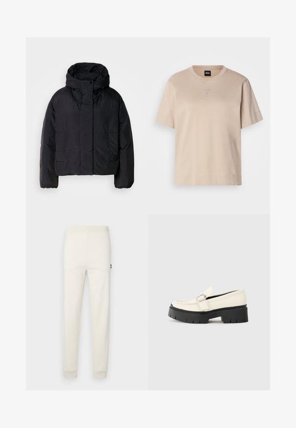 Black puffer jacket with a high collar and hood, featuring two front pockets and elastic cuffs. Smooth, lightweight material with a matte finish.; Beige short-sleeve cotton t-shirt with a round neck and a small embroidered overlapping "B" logo in the center front.; Cream-colored jogger pants made of soft cotton, featuring a stretchy waistband and fitted cuffs, with a small logo detail on the side.; White leather loafer with a chunky black platform sole, featuring a rectangular silver buckle and visible stitching detail on the upper.