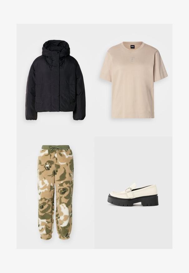 Fekete puffert zakó magas gallérral és kapucnival, két elülső zsebbel és rugalmas mandzsettákkal. Simább, könnyű anyag matt felülettel.; Beige színű, rövid ujjú pamut póló, kerek nyakkivágással és egy kis hímzett, átjövő "B" logóval az elülső középen.; Bélelt jogger nadrág húzózsinórral. Bézs, zöld és fehér terepmintával készült. Puha, textúrált anyag.; Fehér bőr lófarok, vastag fekete platform talppal, téglalap alakú ezüst csattal és látható varrás részletekkel a felső részen.