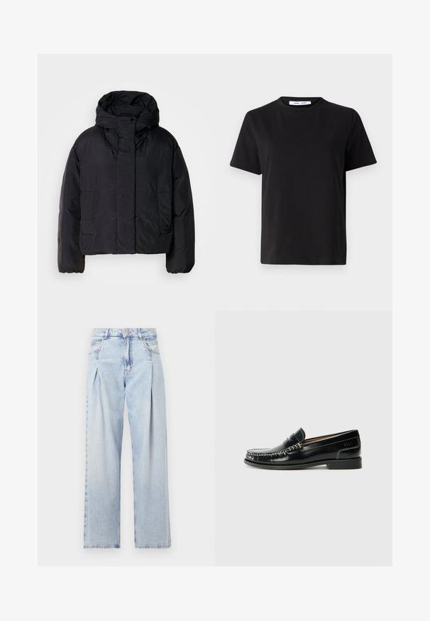 Čierna puffrová bunda s vysokým golierom a kapucňou, so zapracovanými dvoma prednými vreckami a elastickými manžetami. Hladký, ľahký materiál s matným povrchom.; Čierne tričko s krátkym rukávom vyrobené z mäkkej bavlny, s okrúhlym výstrihom, uvoľneným strihom a hladkou štruktúrou. Žiadne viditeľné vzory ani grafika.; Svetlomodré džínsy s vysokým pásom, širším strihom po celej dĺžke, dvoma bočnými vreckami a skladaným dizajnom. Mäkka textúra s vyblednutým vzhľadom.; Čierne kožené mokasíny s prešitým vzorom, hladkým povrchom, nízkym blokovým podpätkom a striebornými akcentmi. Klasický zaoblený tvar špičky.