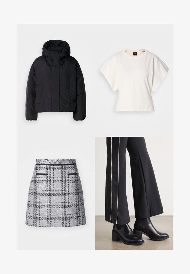 Black puffer jacket with a high collar and hood, featuring two front pockets and elastic cuffs. Smooth, lightweight material with a matte finish.; White cropped T-shirt, short wide sleeves, soft cotton material, round neckline with subtle orange trim, minimal design, no patterns or graphics.; Gray plaid skirt featuring a textured fabric, slim fit, and black trim. Includes two front pockets with black detailing.; Black leather ankle boots with a block heel, featuring elastic side panels. Paired with black pants that have a white side stripe.
