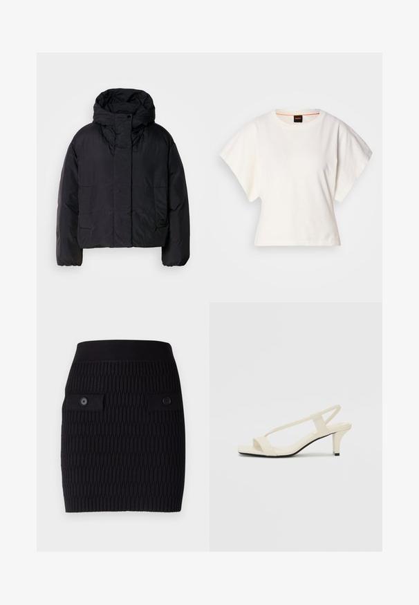 Čierna puffrová bunda s vysokým golierom a kapucňou, so zapracovanými dvoma prednými vreckami a elastickými manžetami. Hladký, ľahký materiál s matným povrchom.; Biely skrátený tričko, krátke široké rukávy, mäkký bavlnený materiál, okrúhly výstrih s jemným oranžovým lemovaním, minimalistický dizajn, bez vzorov alebo grafiky.; Čierna pletená sukňa s textúrovaným vzorom, vybavená dvoma vreckami s chlopňami a priliehavým pásom. Dĺžka sukne je po stehná.; Béžové sandále na blokovom podpätku s tenkými pásikmi a štvorcovou špičkou. Hladký materiál s minimálnym detailovaním, navrhnuté pre ľahké nosenie.
