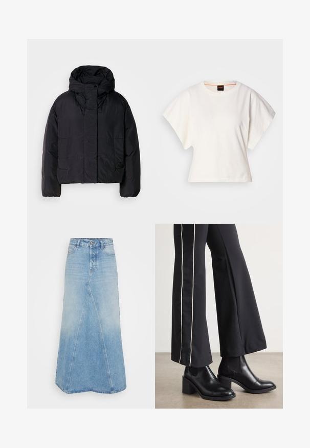 Geacă puffer neagră cu guler înalt și glugă, având două buzunare frontale și manșete elastice. Material neted, ușor, cu un finisaj mat.; Tricou alb scurt, cu mâneci scurte și largi, din bumbac moale, cu decolteu rotund și un finisaj subtil portocaliu, design minimalist, fără modele sau grafice.; Fustă din denim albastru deschis, cu un design lung, în formă de A, având o cusătură pe față și un tiv brut. Include stilul clasic cu cinci buzunare și bucle pentru curea.; Bocanci de piele negri până la gleznă, cu toc pătrat, având panouri elastice pe laterale. Asortați cu pantaloni negri care au o dungi albă pe lateral.
