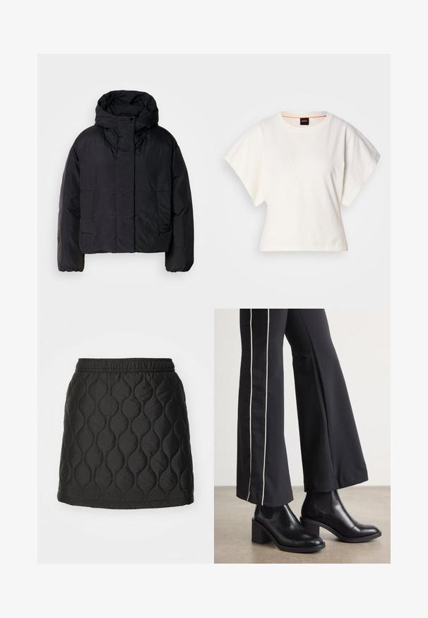 Veste matelassée noire avec un col haut et une capuche, dotée de deux poches avant et de poignets élastiques. Matériau lisse et léger avec une finition mate.; T-shirt blanc cintré, manches courtes et larges, en coton doux, décolleté rond avec une discrète bordure orange, design minimaliste, sans motifs ni graphiques.; Jupe noire matelassée avec un motif ondulé, une taille élastique et une texture lisse et brillante. Longueur mi-cuisse sans matériel visible.; Bottines en cuir Noir avec un talon bloc, dotées de panneaux élastiques sur les côtés. Associées à un pantalon noir avec une rayure blanche sur le côté.