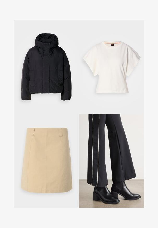 Black puffer jacket with a high collar and hood, featuring two front pockets and elastic cuffs. Smooth, lightweight material with a matte finish.; White cropped T-shirt, short wide sleeves, soft cotton material, round neckline with subtle orange trim, minimal design, no patterns or graphics.; Beige cotton skirt with a straight shape, featuring front pleats, side pockets, and stitched detailing along the seams.; Black leather ankle boots with a block heel, featuring elastic side panels. Paired with black pants that have a white side stripe.