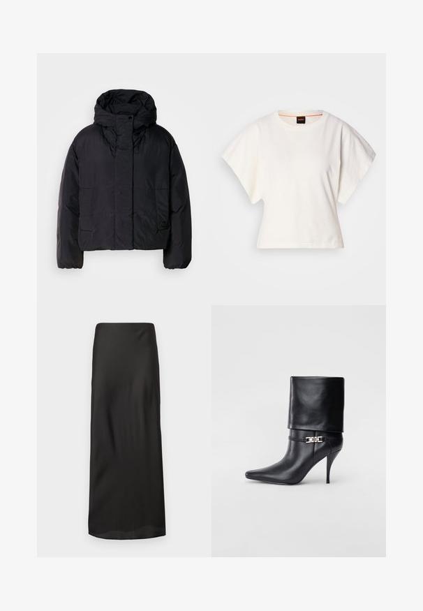 Geacă puffer neagră cu guler înalt și glugă, având două buzunare frontale și manșete elastice. Material neted, ușor, cu un finisaj mat.; Tricou alb scurt, cu mâneci scurte și largi, din bumbac moale, cu decolteu rotund și un finisaj subtil portocaliu, design minimalist, fără modele sau grafice.; Fustă maxi neagră, realizată dintr-un material neted și ușor. Dispune de o siluetă dreaptă, cu un elastic la talie și fără modele sau embellismente vizibile.; Botine negre din piele, cu vârf ascuțit, toc înalt și subțire, cu manșetă pliată și un detaliu decorativ cu cataramă aurie la gleznă.