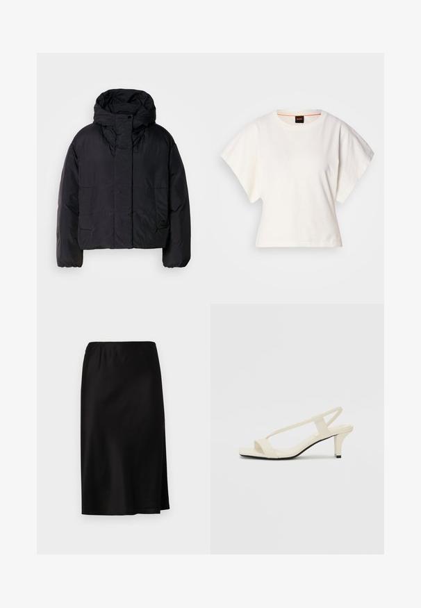 Svart pufferjacka med hög hals och huva, med två framfickor och elastiska ärmar. Slätt, lätt material med en matt finish.; Vit kortärmad T-shirt, korta vida ärmar, mjukt bomullsmaterial, rund halsringning med subtila orange detaljer, minimal design, inga mönster eller grafik.; Svart satin kjol med elastisk midja, med en sidoklyfta för enkel rörelse och en slät, glänsande yta.; Beige blockklackade sandaler med tunna remmar och fyrkantig tå. Slätt material med minimal detaljering, utformade för enkel användning.