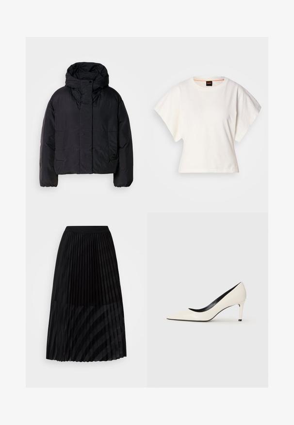 Melna pūka jaka ar augstu apkakli un kapuci, aprīkota ar divām priekšējām kabatām un elastīgam aprocēm. Gluda, viegla auduma struktūra ar matētu apdari.; Balts īsais T-krekls, plašas īsas piedurknes, mīksts kokvilnas materiāls, apaļa kakla izgriezums ar delikātu oranžu apdari, minimāls dizains, bez rakstiem vai grafikām.; Melnā plisētā svārki, kas izgatavoti no viegla auduma, ar elastīgu jostu, ar vertikālām svītrām, ko veido maiņā esošas tekstūras.; Balti lakota āda augstpapēžu kurpes ar norādītu purngalu, šauru papēdi un melnu iekšējo apdari. Gluda tekstūra un eleganta forma.