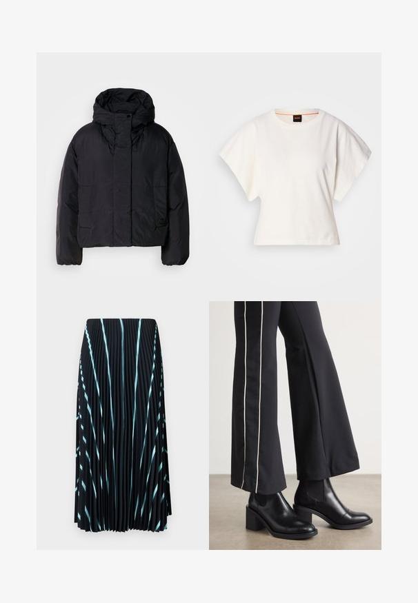 Juodas pūkinis švarkas su aukštu apykakle ir kapišonu, turintis dvi priekines kišenes ir elastingus rankogalius. Lygus, lengvas audinys su matinio paviršiaus apdaila.; Baltas trumpas marškinėliai, plačios trumpomis rankovėmis, minkšta medvilnė, apvali kaklo iškirptė su subtiliu oranžiniu apvadu, minimalus dizainas, be raštų ar grafikų.; Juodas klostuotas sijonas su šviesiai mėlynomis įstrižainėmis. Pagamintas iš lengvos, tekstūruotos medžiagos. Krenta iki vidurinės blauzdos ilgio, be matomų užsegimų.; Juodi odiniai auliniai batai su plataus bloko kulnu, turintys elastines šonines dalis. Sukomplektuoti su juodomis kelnėmis, turinčiomis baltą šoninės juostą.