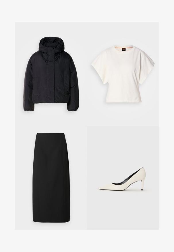 Geacă puffer neagră cu guler înalt și glugă, având două buzunare frontale și manșete elastice. Material neted, ușor, cu un finisaj mat.; Tricou alb scurt, cu mâneci scurte și largi, din bumbac moale, cu decolteu rotund și un finisaj subtil portocaliu, design minimalist, fără modele sau grafice.; Fustă creion neagră dintr-un material neted, cu croială dreaptă și linii clare, fără ornamentații sau modele.; Pantofi cu toc înalt din piele patent albă, cu vârf ascuțit, toc subțire și detalii interioare negre. Textură netedă și design elegant.