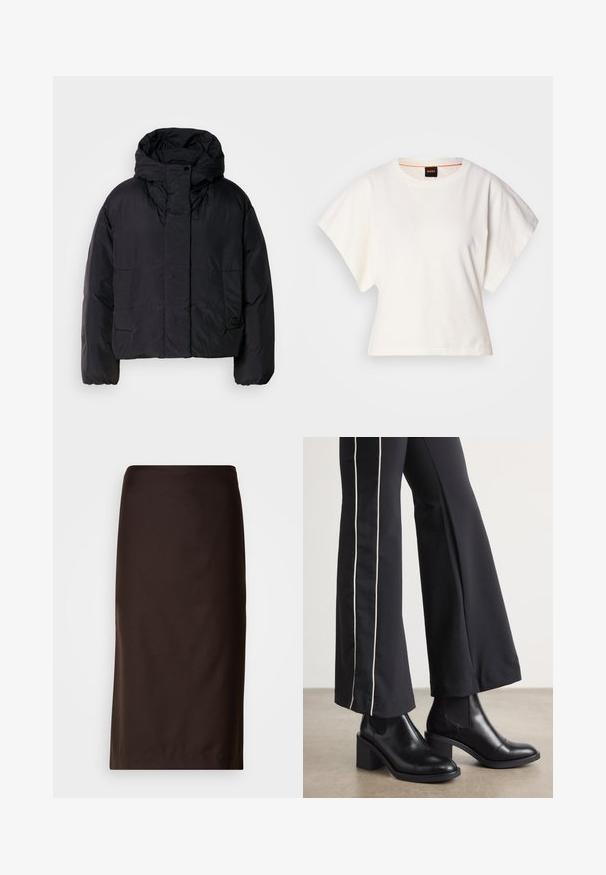 Black puffer jacket with a high collar and hood, featuring two front pockets and elastic cuffs. Smooth, lightweight material with a matte finish.; White cropped T-shirt, short wide sleeves, soft cotton material, round neckline with subtle orange trim, minimal design, no patterns or graphics.; Brown pencil skirt, knee-length, made of smooth fabric. Features a simple design with no visible patterns or embellishments.; Black leather ankle boots with a block heel, featuring elastic side panels. Paired with black pants that have a white side stripe.
