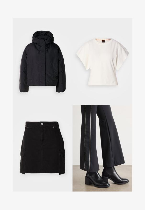 Crna puf jakna s visokim ovratnikom i kapuljačom, koja ima dva prednja džepa i elastične manžete. Glatki, lagani materijal s mat finishem.; Bijeli skraćeni T-shirt, široke kratke rukave, mekani pamučni materijal, okrugli izrez s suptilnim narančastim detaljem, minimalistički dizajn, bez uzoraka ili grafika.; Crna traper suknja s prilagođenim siluetom, prednjim kopčanjem na dugmad i dva bočna cargo džepa. Dizajnirana s detaljima šivanja.; Crne kožne gležnjače s blok petom, s elastičnim bočnim panelima. Uparene s crnim hlačama koje imaju bijelu bočnu prugu.