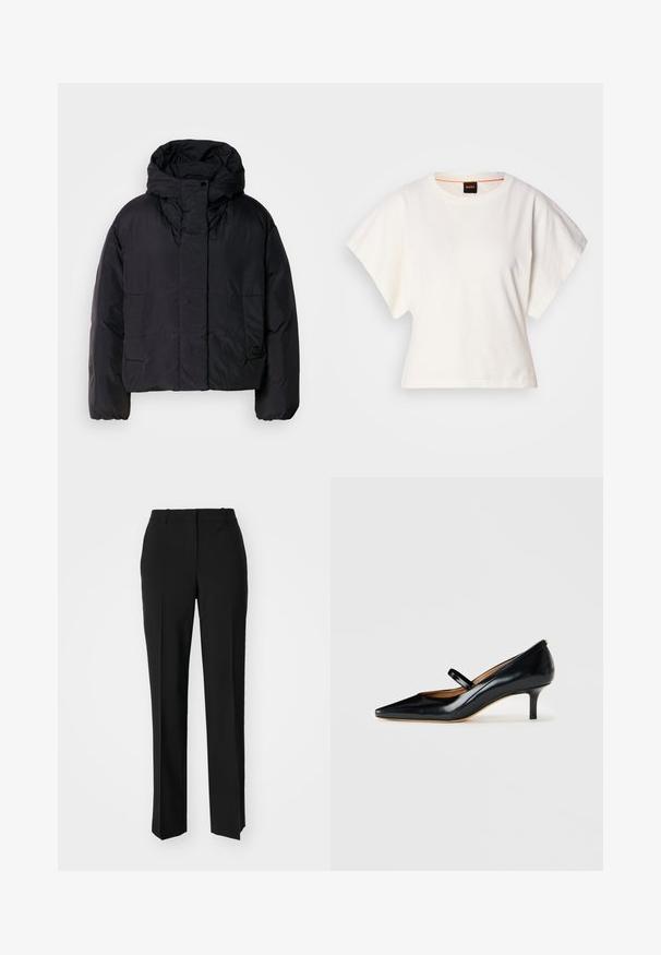 Melna pūka jaka ar augstu apkakli un kapuci, aprīkota ar divām priekšējām kabatām un elastīgam aprocēm. Gluda, viegla auduma struktūra ar matētu apdari.; Balts īsais T-krekls, plašas īsas piedurknes, mīksts kokvilnas materiāls, apaļa kakla izgriezums ar delikātu oranžu apdari, minimāls dizains, bez rakstiem vai grafikām.; Melnas pielāgotas bikses ar taisnu kāju dizainu, kas raksturojas ar gludu faktūru un asiem krokām pa priekšu. Nav redzamu metāla detaļu.; Melnas lakotās ādas Mary Jane kurpes ar norādīto pirkstu un zemu kaķīša papēdi, izliktas uz balta fona.