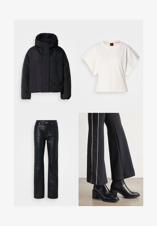Black puffer jacket with a high collar and hood, featuring two front pockets and elastic cuffs. Smooth, lightweight material with a matte finish.; White cropped T-shirt, short wide sleeves, soft cotton material, round neckline with subtle orange trim, minimal design, no patterns or graphics.; Black leather pants with a straight leg design, featuring five pockets, metallic button closure, and smooth, shiny texture.; Black leather ankle boots with a block heel, featuring elastic side panels. Paired with black pants that have a white side stripe.