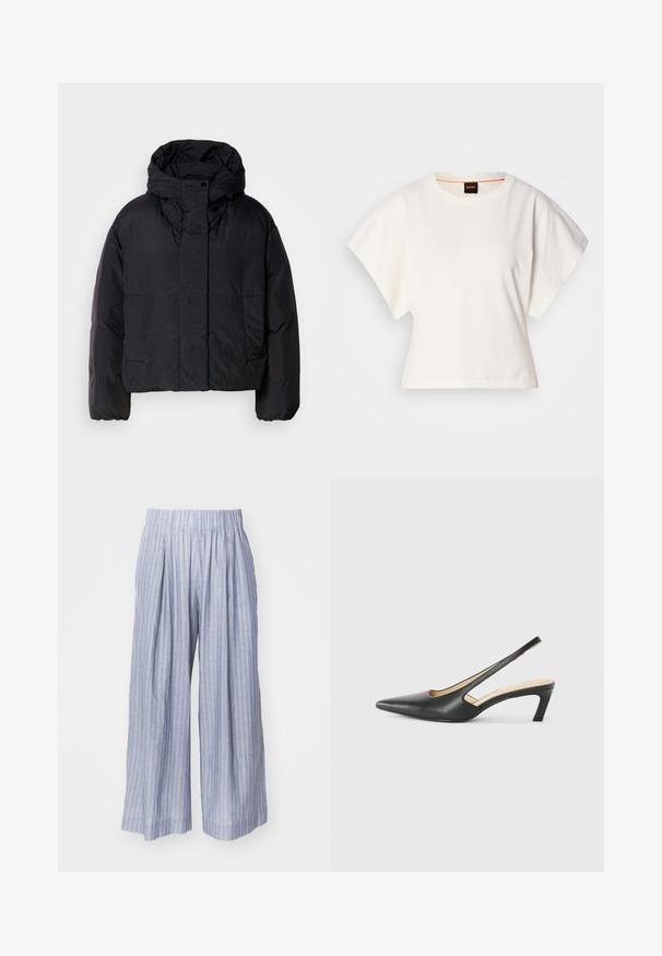 Veste matelassée noire avec un col haut et une capuche, dotée de deux poches avant et de poignets élastiques. Matériau lisse et léger avec une finition mate.; T-shirt blanc cintré, manches courtes et larges, en coton doux, décolleté rond avec une discrète bordure orange, design minimaliste, sans motifs ni graphiques.; sessùn ISLA MINIMA - Pantalon classique - chambray blue; Slingback noir à bout pointu avec un petit talon, en cuir lisse et doté d'un design découpé sur le côté pour plus de respirabilité.