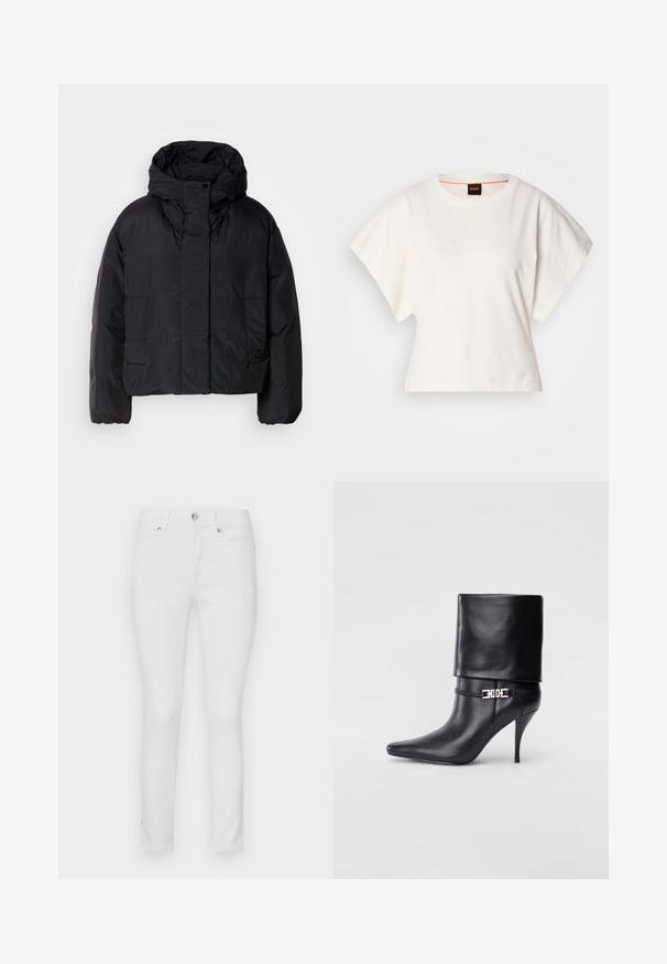 Chaqueta de plumas negra con un cuello alto y capucha, que presenta dos bolsillos frontales y puños elásticos. Material suave y ligero con un acabado mate.; Camiseta blanca recortada, con mangas cortas y anchas, material de algodón suave, cuello redondo con un sutil ribete naranja, diseño minimalista, sin patrones ni gráficos.; Jeans skinny de mezclilla blanca con una cinturilla estándar, dos bolsillos frontales y una parte trasera sin costuras. Presenta un sutil pespunteado y un cierre de botón clásico.; Botín de cuero negro hasta el tobillo con punta afilada, tacón alto de aguja, puño doblado y un detalle decorativo de hebilla dorada en el tobillo.