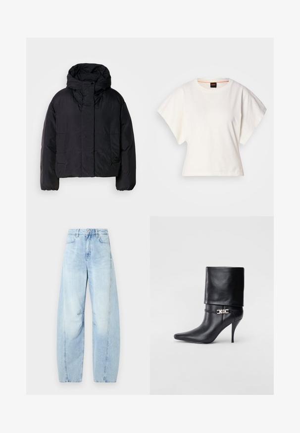 Crna puf jakna s visokim ovratnikom i kapuljačom, koja ima dva prednja džepa i elastične manžete. Glatki, lagani materijal s mat finishem.; Bijeli skraćeni T-shirt, široke kratke rukave, mekani pamučni materijal, okrugli izrez s suptilnim narančastim detaljem, minimalistički dizajn, bez uzoraka ili grafika.; Svjetloplave traper hlače širokih nogavica s visokim strukom, s dugmetom za zatvaranje, prednjim džepovima i suptilnim izbljeđivanjem.; Crna kožna gležnjača s šiljastim prstom, visokim stiletto potplatom, preklopnim rubom i zlatnom dekorativnom kopčom na gležnju.