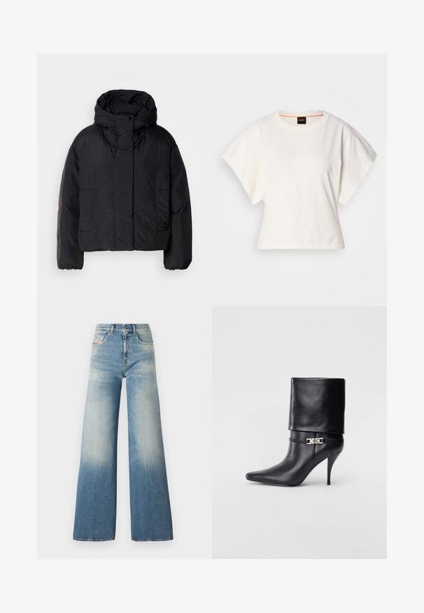 Chaqueta de plumas negra con un cuello alto y capucha, que presenta dos bolsillos frontales y puños elásticos. Material suave y ligero con un acabado mate.; Camiseta blanca recortada, con mangas cortas y anchas, material de algodón suave, cuello redondo con un sutil ribete naranja, diseño minimalista, sin patrones ni gráficos.; Jeans de mezclilla anchos de color azul claro con un efecto de degradado desvanecido, detalles desgastados cerca de los bolsillos y un diseño clásico de cinco bolsillos.; Botín de cuero negro hasta el tobillo con punta afilada, tacón alto de aguja, puño doblado y un detalle decorativo de hebilla dorada en el tobillo.