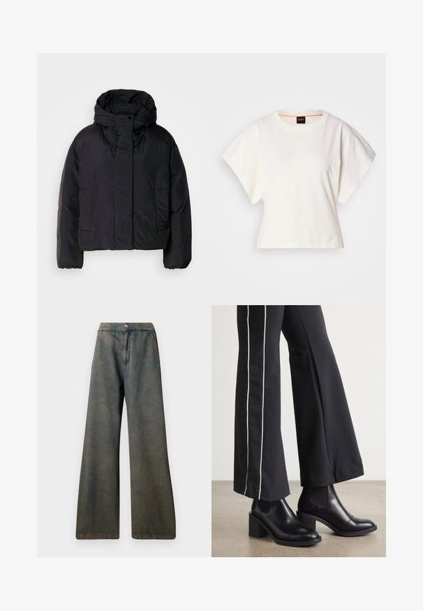 Giacca a vento nera con colletto alto e cappuccio, dotata di due tasche frontali e polsini elasticizzati. Materiale liscio e leggero con finitura opaca.; T-shirt bianca cropped, maniche corte e larghe, tessuto di cotone morbido, scollatura rotonda con bordino arancione sottile, design minimale, senza motivi o grafiche.; Jeans a gamba larga di colore blu scuro con vita alta, dotati di chiusura frontale con bottoni e una texture sottile. Il tessuto appare leggermente scolorito.; Stivaletti in pelle nera con tacco a blocco, dotati di pannelli elastici sui lati. Abbinati a pantaloni neri con una striscia bianca laterale.