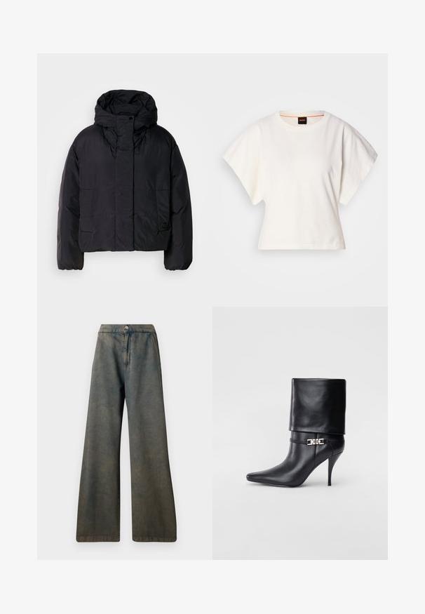 Černá péřová bunda s vysokým límečkem a kapucí, vybavená dvěma předními kapsami a elastickými manžetami. Hladký, lehký materiál s matným povrchem.; Bílý zkrácený T-shirt, krátké široké rukávy, měkký bavlněný materiál, kulatý výstřih s jemným oranžovým lemováním, minimalistický design, bez vzorů nebo grafik.; Kalhoty s širokými nohavicemi z denimu, s vybledlou modrošedou barvou, s knoflíkovým zapínáním a rovnými švy. Texturovaná látka s jemným leskem.; Černé kožené kotníkové boty s špičatou špičkou, vysokým stiletto podpatkem, ohrnovací manžetou a zlatým ozdobným přezkovým detailem na kotníku.