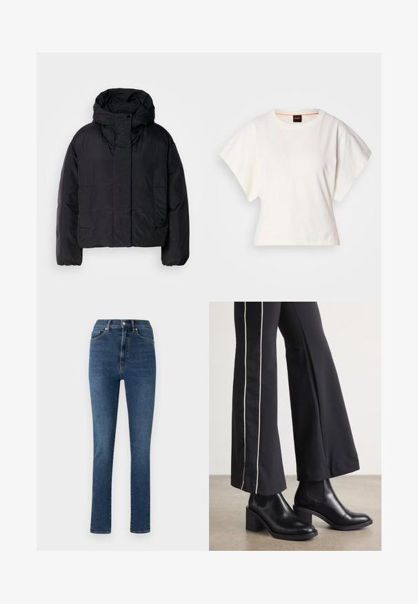 Crna puf jakna s visokim ovratnikom i kapuljačom, koja ima dva prednja džepa i elastične manžete. Glatki, lagani materijal s mat finishem.; Bijeli skraćeni T-shirt, široke kratke rukave, mekani pamučni materijal, okrugli izrez s suptilnim narančastim detaljem, minimalistički dizajn, bez uzoraka ili grafika.; Plave traperice s ravnim krojem, visokim strukom i klasičnim dizajnom s pet džepova. Imaju kopčanje na gumb i patentni zatvarač.; Crne kožne gležnjače s blok petom, s elastičnim bočnim panelima. Uparene s crnim hlačama koje imaju bijelu bočnu prugu.