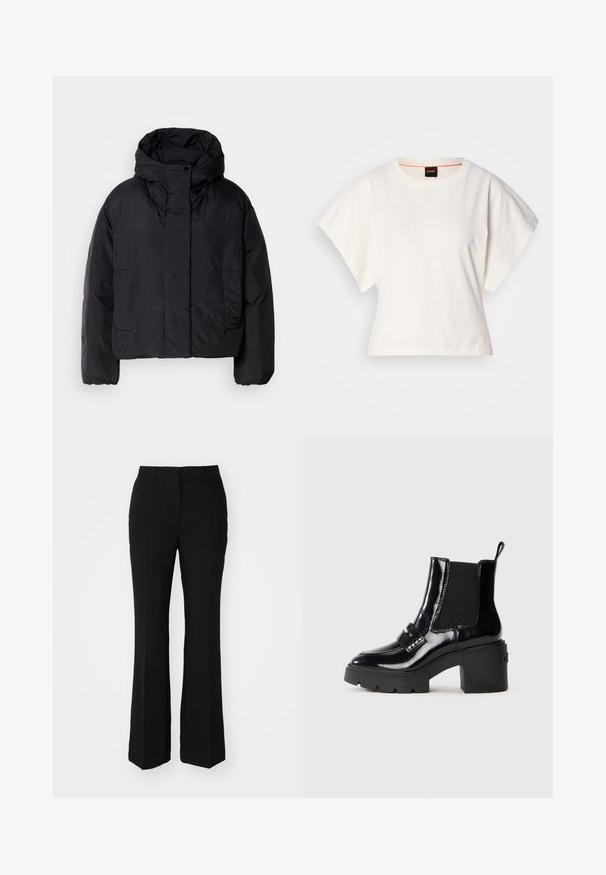 Giacca a vento nera con colletto alto e cappuccio, dotata di due tasche frontali e polsini elasticizzati. Materiale liscio e leggero con finitura opaca.; T-shirt bianca cropped, maniche corte e larghe, tessuto di cotone morbido, scollatura rotonda con bordino arancione sottile, design minimale, senza motivi o grafiche.; Pantaloni neri su misura con forma svasata. Realizzati in tessuto liscio, presentano linee di piega frontali e una vita piatta. Nessuna tasca visibile.; Stivale alla caviglia in vernice nera con tacco spesso, pannelli laterali elasticizzati, fascia decorativa e cuciture a contrasto. Texture liscia con una finitura lucida.