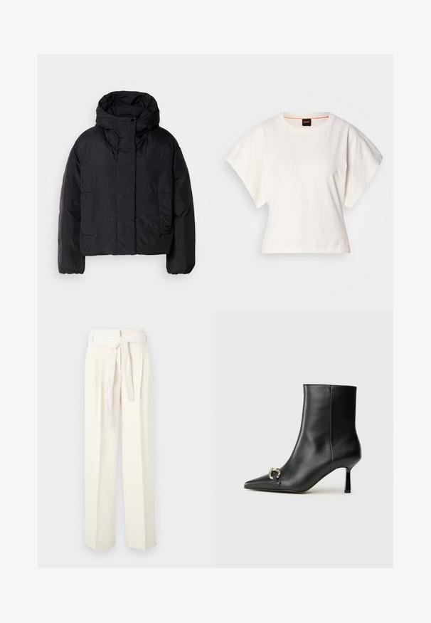 Black puffer jacket with a high collar and hood, featuring two front pockets and elastic cuffs. Smooth, lightweight material with a matte finish.; White cropped T-shirt, short wide sleeves, soft cotton material, round neckline with subtle orange trim, minimal design, no patterns or graphics.; Cream-colored wide-leg trousers with a belted waist. Made of soft fabric, featuring pleats and a smooth texture without patterns.; Black leather ankle boot with pointed toe, slim mid-height heel, and silver buckle detail on side against plain background.