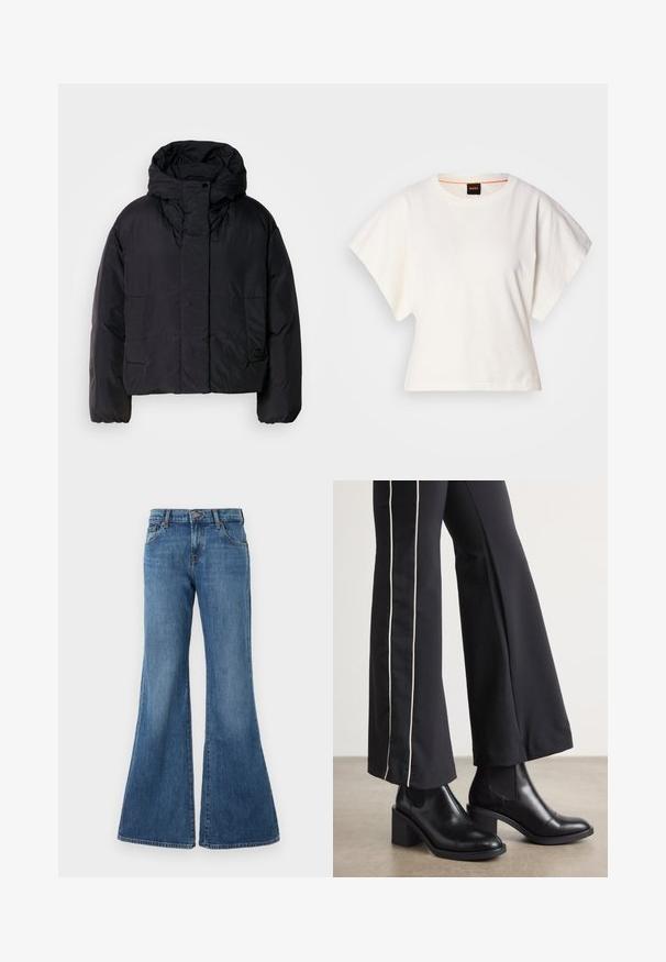 Black puffer jacket with a high collar and hood, featuring two front pockets and elastic cuffs. Smooth, lightweight material with a matte finish.; White cropped T-shirt, short wide sleeves, soft cotton material, round neckline with subtle orange trim, minimal design, no patterns or graphics.; Flared denim jeans in medium blue wash with a classic five-pocket design, belt loops, and a button fly closure. Smooth texture with subtle fading.; Black leather ankle boots with a block heel, featuring elastic side panels. Paired with black pants that have a white side stripe.
