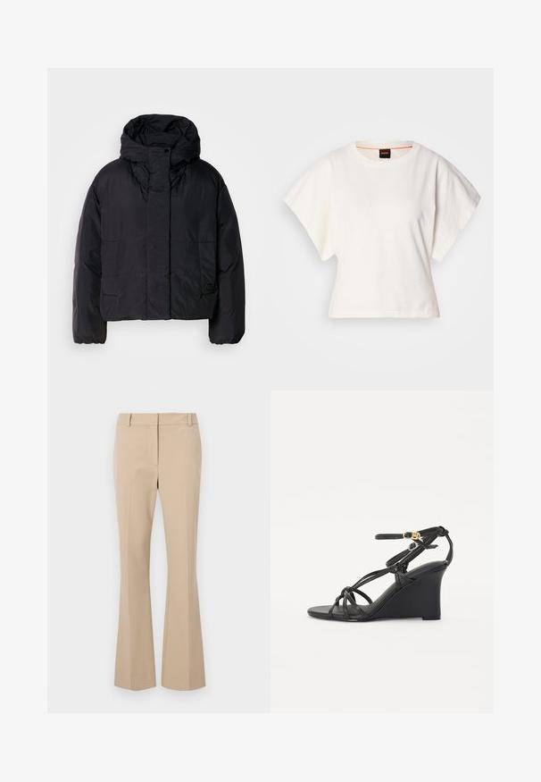 Čierna puffrová bunda s vysokým golierom a kapucňou, so zapracovanými dvoma prednými vreckami a elastickými manžetami. Hladký, ľahký materiál s matným povrchom.; Biely skrátený tričko, krátke široké rukávy, mäkký bavlnený materiál, okrúhly výstrih s jemným oranžovým lemovaním, minimalistický dizajn, bez vzorov alebo grafiky.; Béžové nohavice s rovný strihom, s plochým predným dielom, pútkami na opasok a hladkou textúrou. Žiadne viditeľné vrecká ani vzory.; Čierne klinové sandále s tenkými, prekríženými remienkami a nastaviteľným členkovým remienkom so zlatou sponou. Hladký kožený povrch.
