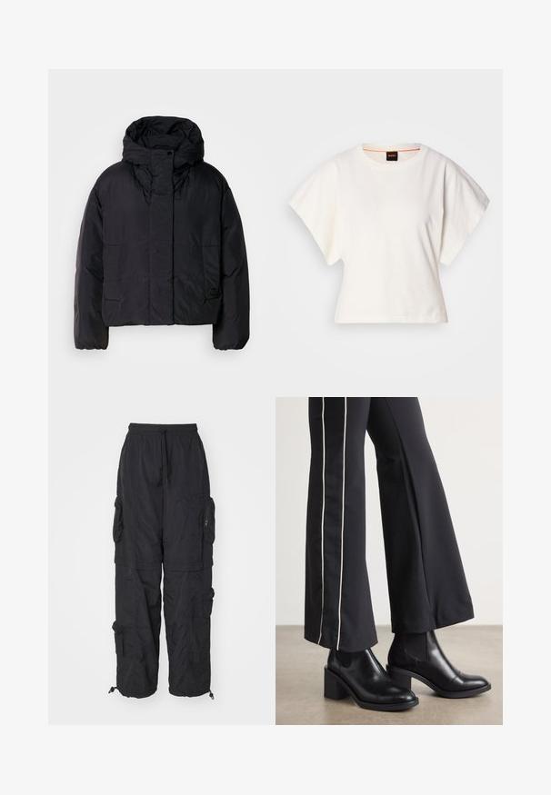 Black puffer jacket with a high collar and hood, featuring two front pockets and elastic cuffs. Smooth, lightweight material with a matte finish.; White cropped T-shirt, short wide sleeves, soft cotton material, round neckline with subtle orange trim, minimal design, no patterns or graphics.; Black cargo pants made of lightweight material, featuring multiple zippered pockets, an elastic waistband, and adjustable ankle cuffs.; Black leather ankle boots with a block heel, featuring elastic side panels. Paired with black pants that have a white side stripe.