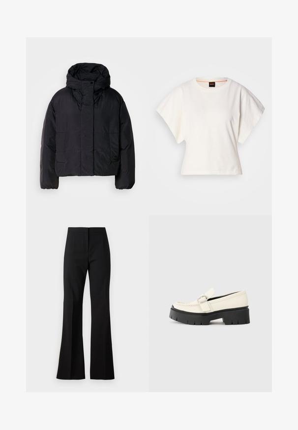 Geacă puffer neagră cu guler înalt și glugă, având două buzunare frontale și manșete elastice. Material neted, ușor, cu un finisaj mat.; Tricou alb scurt, cu mâneci scurte și largi, din bumbac moale, cu decolteu rotund și un finisaj subtil portocaliu, design minimalist, fără modele sau grafice.; Pantaloni negri evazați, dintr-un material neted, cu un front drept și linii curate. Talie concepută pentru o siluetă ajustată, fără embellishments.; Lofer alb din piele, cu o talpă platformă masivă neagră, având o cataramă rectangulară din argint și detalii vizibile de cusătură pe partea superioară.