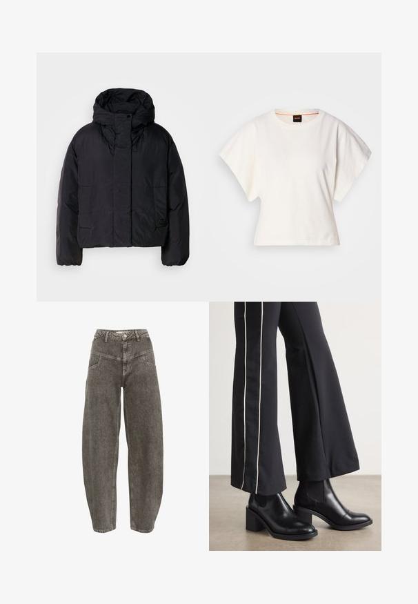 Juodas pūkinis švarkas su aukštu apykakle ir kapišonu, turintis dvi priekines kišenes ir elastingus rankogalius. Lygus, lengvas audinys su matinio paviršiaus apdaila.; Baltas trumpas marškinėliai, plačios trumpomis rankovėmis, minkšta medvilnė, apvali kaklo iškirptė su subtiliu oranžiniu apvadu, minimalus dizainas, be raštų ar grafikų.; Gestuz JOSIE BARREL - Platėjantys džinsai - greige denim wash; Juodi odiniai auliniai batai su plataus bloko kulnu, turintys elastines šonines dalis. Sukomplektuoti su juodomis kelnėmis, turinčiomis baltą šoninės juostą.