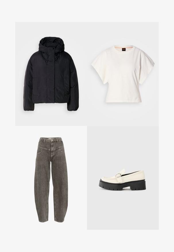 Černá péřová bunda s vysokým límečkem a kapucí, vybavená dvěma předními kapsami a elastickými manžetami. Hladký, lehký materiál s matným povrchem.; Bílý zkrácený T-shirt, krátké široké rukávy, měkký bavlněný materiál, kulatý výstřih s jemným oranžovým lemováním, minimalistický design, bez vzorů nebo grafik.; Gestuz JOSIE BARREL - Wide leg - greige denim wash; Bílé kožené mokasíny s robustní černou platformou, vybavené obdélníkovou stříbrnou sponou a viditelným švem na svršku.