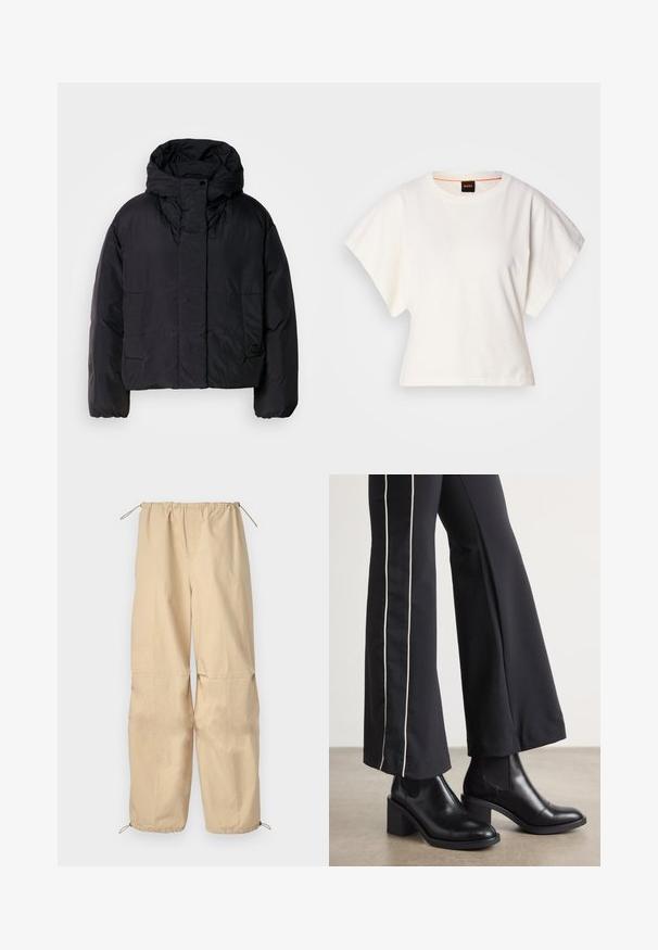 Veste matelassée noire avec un col haut et une capuche, dotée de deux poches avant et de poignets élastiques. Matériau lisse et léger avec une finition mate.; T-shirt blanc cintré, manches courtes et larges, en coton doux, décolleté rond avec une discrète bordure orange, design minimaliste, sans motifs ni graphiques.; Pantalons beige légers avec une taille à cordon et des ourlets ajustables. Texture lisse, coupe ample, sans motifs ni éléments visibles.; Bottines en cuir Noir avec un talon bloc, dotées de panneaux élastiques sur les côtés. Associées à un pantalon noir avec une rayure blanche sur le côté.