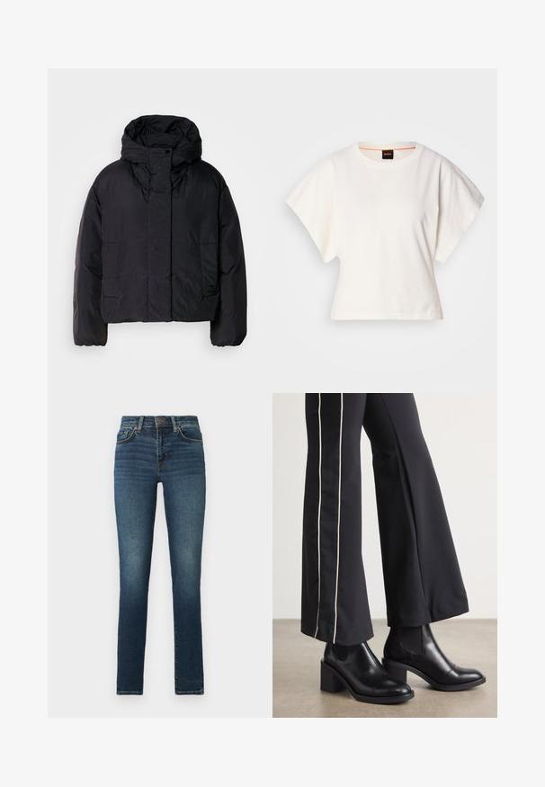 Juodas pūkinis švarkas su aukštu apykakle ir kapišonu, turintis dvi priekines kišenes ir elastingus rankogalius. Lygus, lengvas audinys su matinio paviršiaus apdaila.; Baltas trumpas marškinėliai, plačios trumpomis rankovėmis, minkšta medvilnė, apvali kaklo iškirptė su subtiliu oranžiniu apvadu, minimalus dizainas, be raštų ar grafikų.; Tamsiai mėlynos džinsinės kelnės su šiek tiek išblukusiu priekiniu šonu. Su klasikiniu penkių kišenių dizainu ir užtrauktuku su mygtuko uždarymu.; Juodi odiniai auliniai batai su plataus bloko kulnu, turintys elastines šonines dalis. Sukomplektuoti su juodomis kelnėmis, turinčiomis baltą šoninės juostą.