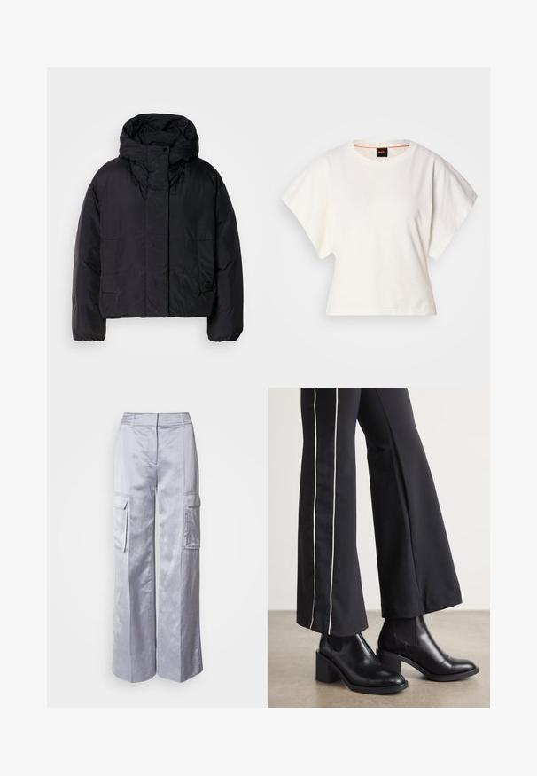 Casaco puffer preto com colarinho alto e capuz, apresentando dois bolsos frontais e punhos elásticos. Material suave e leve com um acabamento mate.; T-shirt branco cropped, mangas curtas e largas, material de algodão suave, decote redondo com um discreto acabamento laranja, design minimalista, sem padrões ou gráficos.; Calças cargo largas de cor cinza claro feitas de um tecido suave, apresentando bolsos laterais, uma cintura ajustada e sem fechos ou zíperes visíveis.; Botas de tornozelo em couro preto com um salto bloco, apresentando painéis laterais elásticos. Combinadas com calças pretas que têm uma faixa lateral branca.