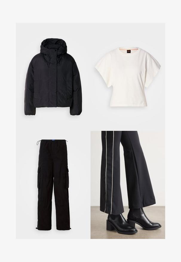 Black puffer jacket with a high collar and hood, featuring two front pockets and elastic cuffs. Smooth, lightweight material with a matte finish.; White cropped T-shirt, short wide sleeves, soft cotton material, round neckline with subtle orange trim, minimal design, no patterns or graphics.; Black cargo pants made of lightweight fabric, featuring an elastic waistband, multiple side pockets, and adjustable hems for a relaxed fit.; Black leather ankle boots with a block heel, featuring elastic side panels. Paired with black pants that have a white side stripe.