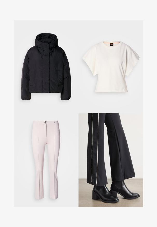 Black puffer jacket with a high collar and hood, featuring two front pockets and elastic cuffs. Smooth, lightweight material with a matte finish.; White cropped T-shirt, short wide sleeves, soft cotton material, round neckline with subtle orange trim, minimal design, no patterns or graphics.; Pink tailored pants with a slight flare, featuring a front button closure, two vertical seams, and smooth texture.; Black leather ankle boots with a block heel, featuring elastic side panels. Paired with black pants that have a white side stripe.
